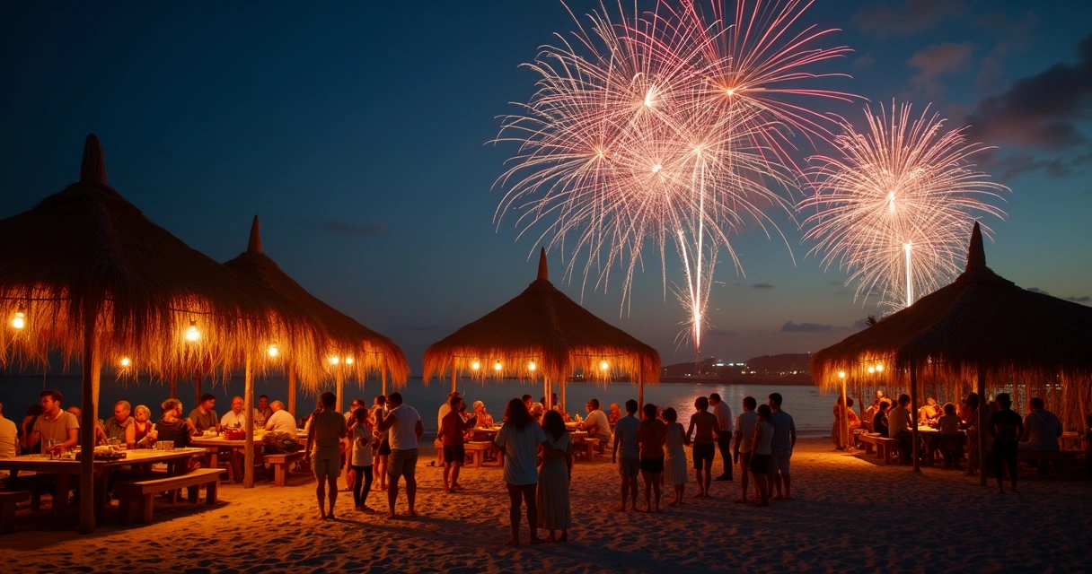 Celebrando o Ano Novo na Praia do Futuro, pessoas em roupas brancas, fogos sobre o mar 
