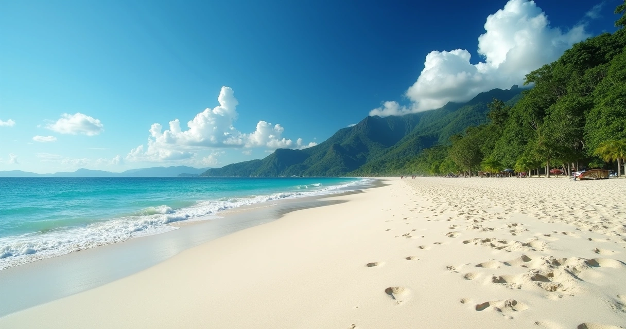 Areia clara e mar azul de Lopes Mendes, com vegetação ao fundo