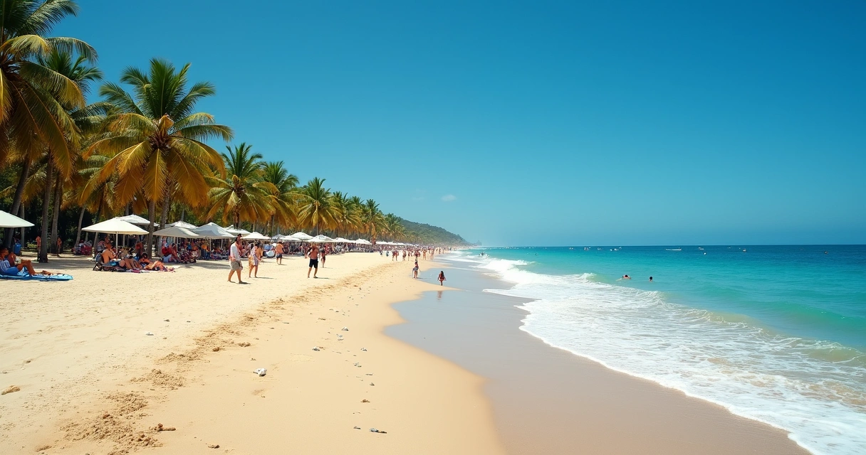 Praia dos Milionários com coqueiros e mar azul 