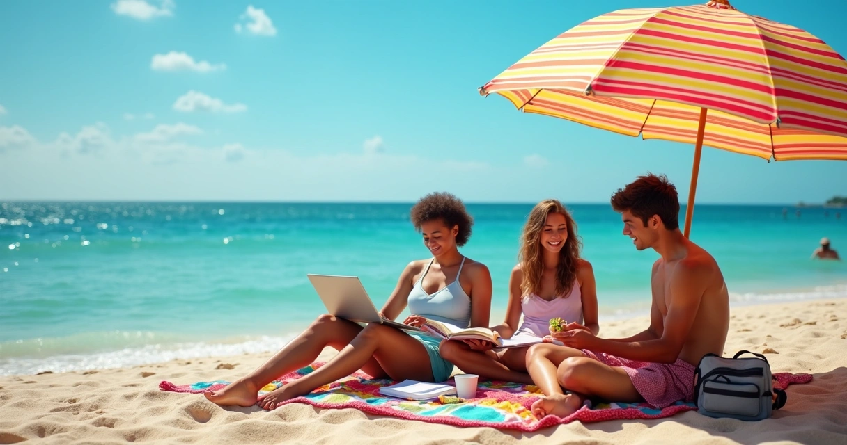 Estudantes almoçando e estudando na praia da Austrália com guarda-sol, livros e mochila