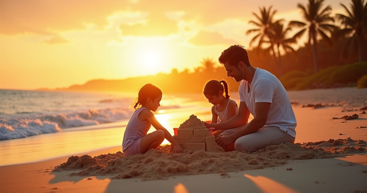 Família brincando na praia durante o pôr do sol 