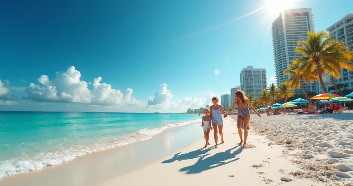 Crianças brincando na areia enquanto adultos descansam em cadeiras de praia em Miami 