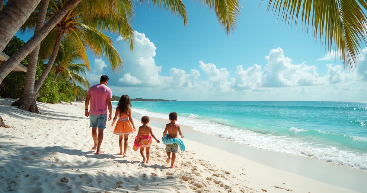 Família caminhando por praia de areia branca na Flórida 