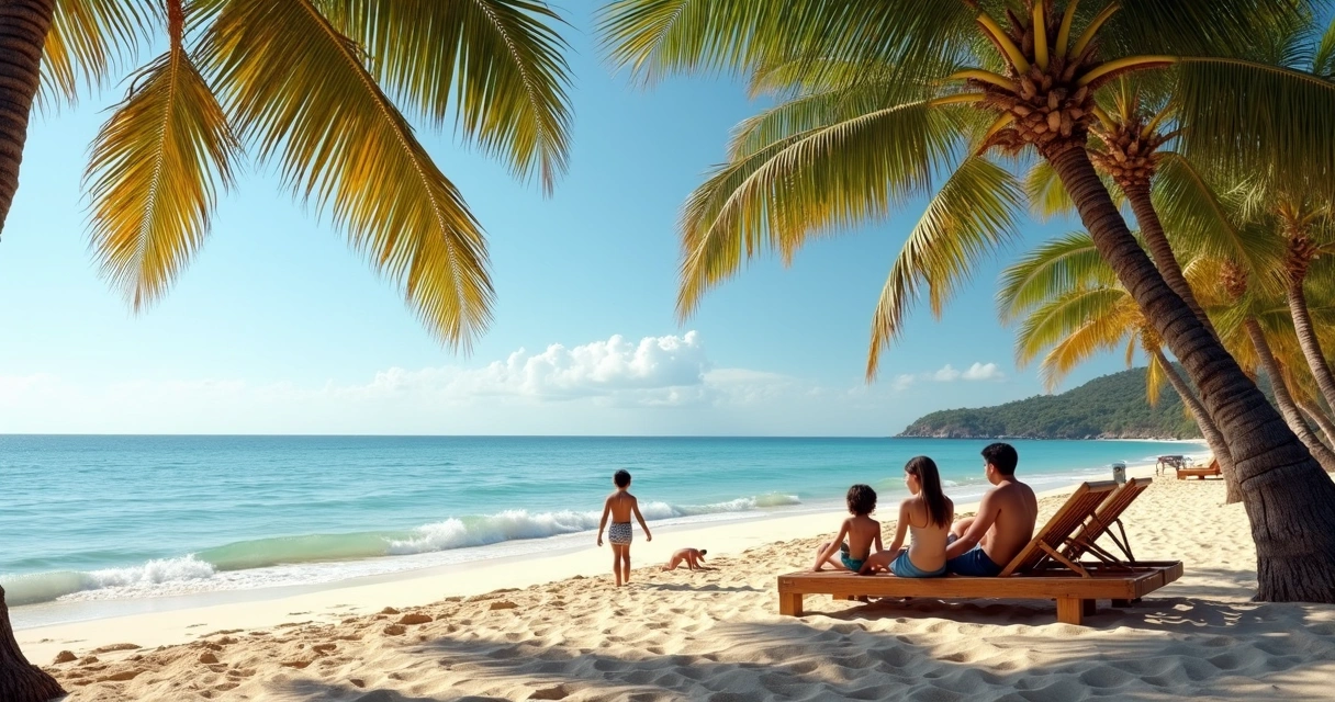 Família aproveitando sombra dos coqueiros em praia de águas calmas 
