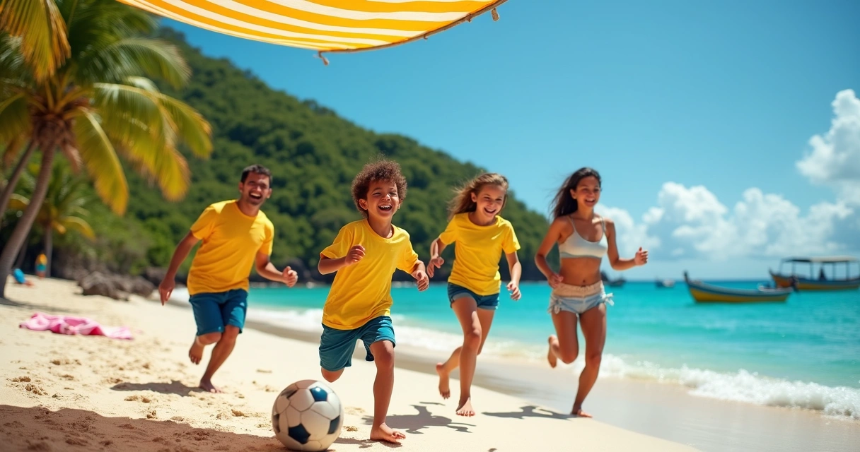Família brincando feliz em uma praia brasileira de águas azuis e vegetação ao fundo 