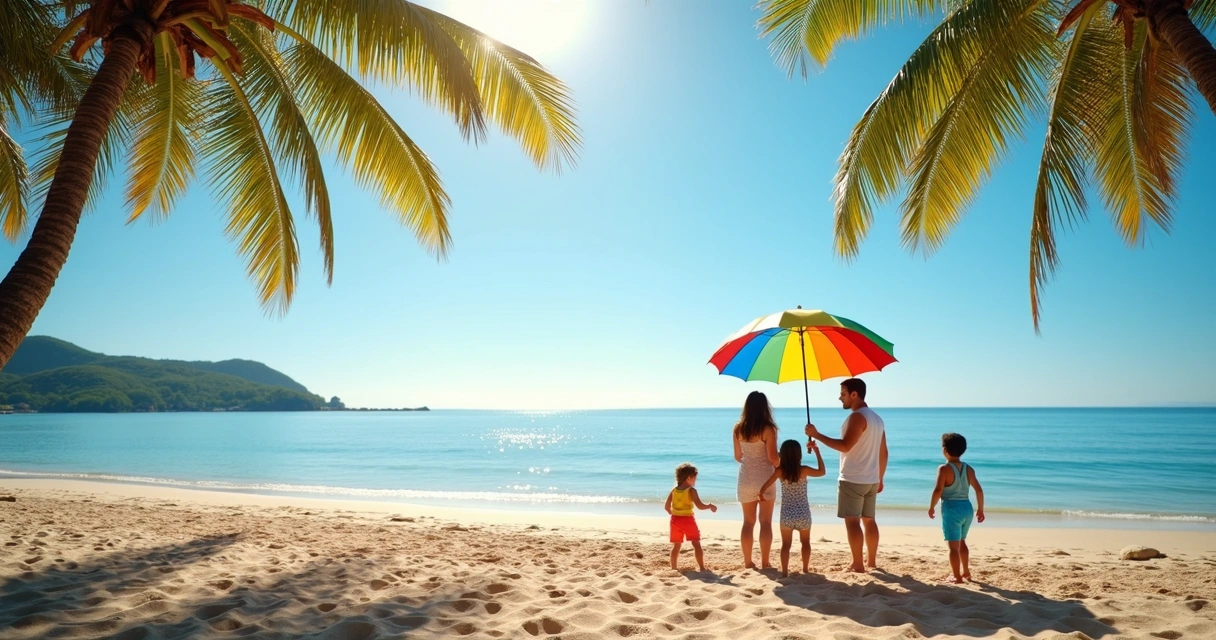 Família na Praia do Mucugê com crianças brincando na areia, guarda-sol colorido e mar calmo 