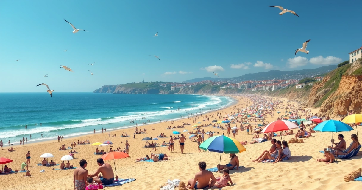 Praia cheia de pessoas relaxando durante um feriado em Portugal