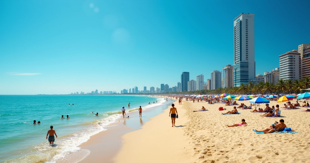 Praia de Fortaleza movimentada durante a alta temporada com pessoas aproveitando o mar e o sol 