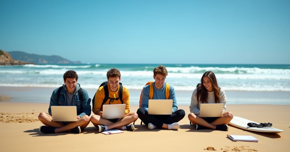 Quatro jovens estudando em laptops sentados em uma praia ensolarada da Gold Coast 