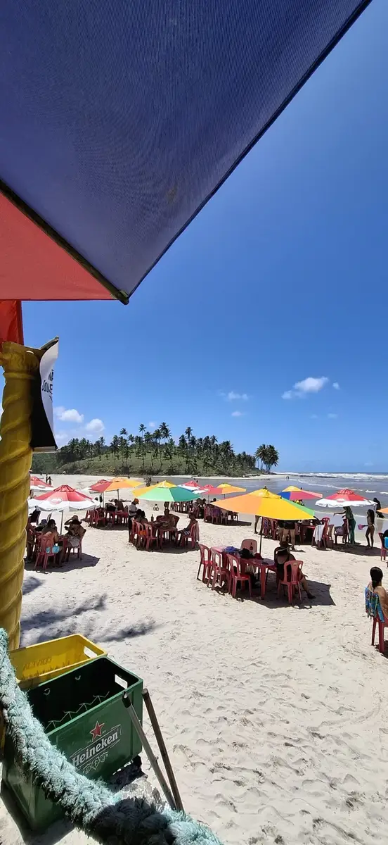 Praia com guarda-sóis coloridos e cadeiras vermelhas na areia sob céu azul claro.