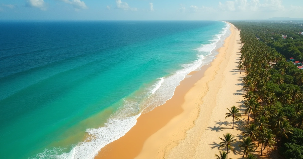 Foto aérea de uma praia de Ilhéus com palmeiras 