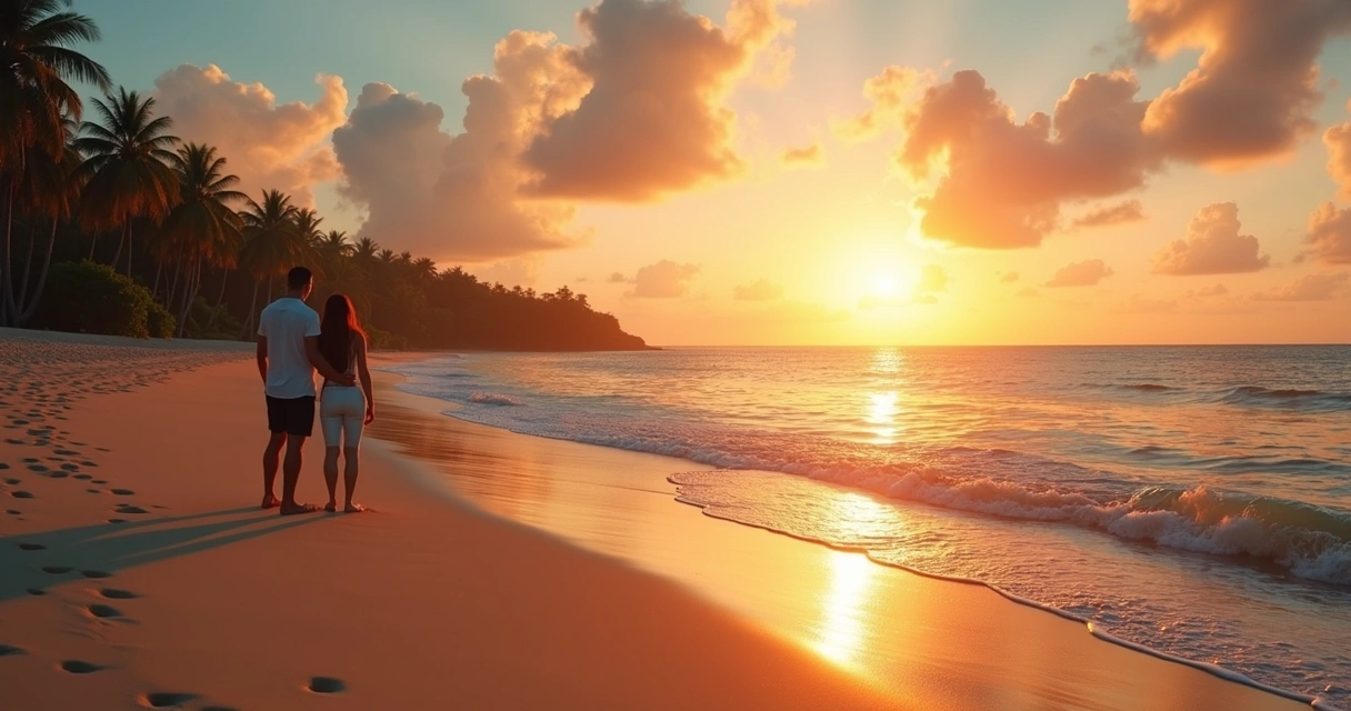 Casal observando o pôr do sol na praia de Ilhéus