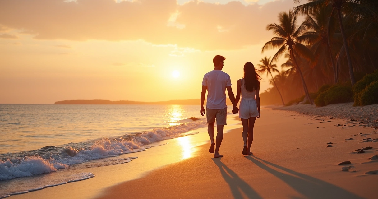 Casal contemplando o pôr do sol em praia tranquila de Ilhéus 