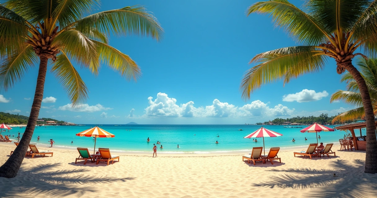 Praia ensolarada de Ilhéus com pessoas aproveitando o verão 