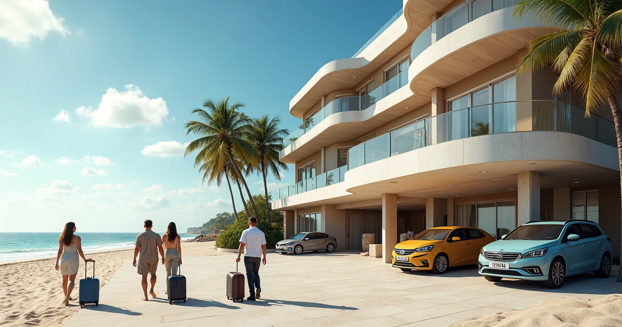 Imóvel de luxo à beira-mar com várias pessoas chegando com malas 