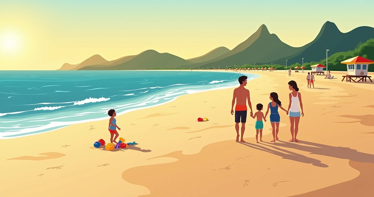 Família caminhando pela areia da Praia do Leme ao pôr do sol 