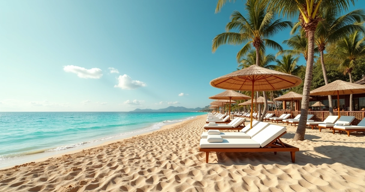 Areia dourada de Marbella com espreguiçadeiras de luxo e o mar ao fundo 