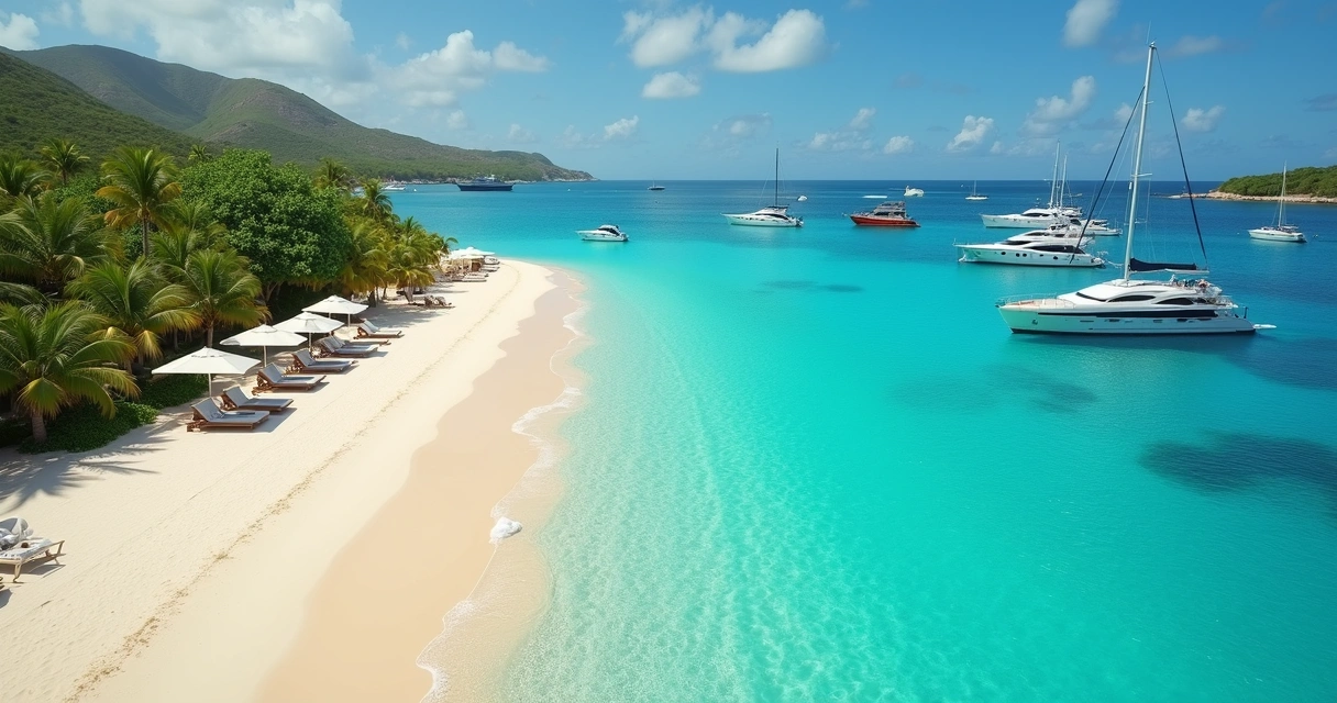 Praia deslumbrante em St. Barth com águas cristalinas, barcos ancorados e vegetação tropical ao redor 