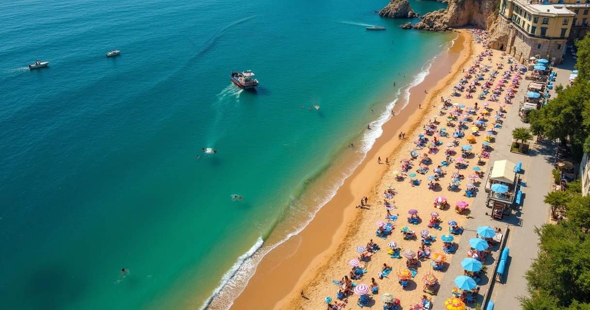 Praia de Maiori com guarda-sóis coloridos e mar azul 