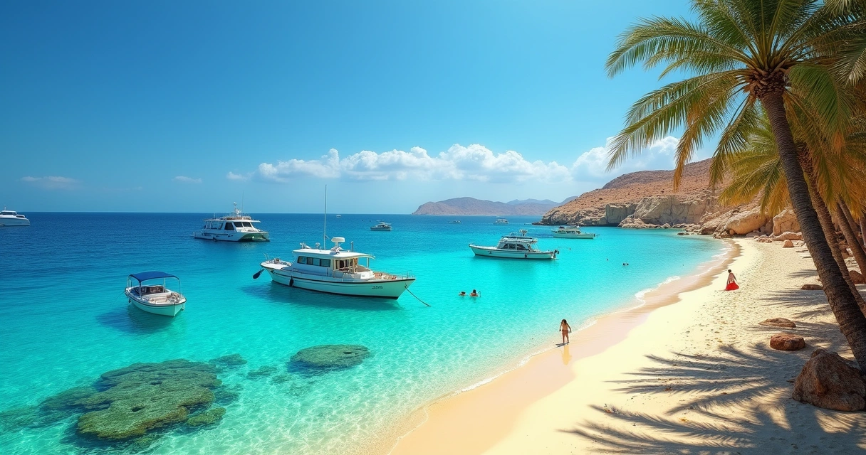 Praia de águas cristalinas com corais e embarcações no Mar Vermelho 