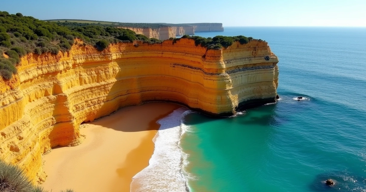 Falésias amarelas cercando a Praia da Marinha, com mar azul claro ao fundo 