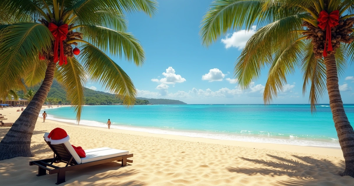 Praia tranquila no Brasil com decoração de Natal na areia, coqueiros e céu azul 