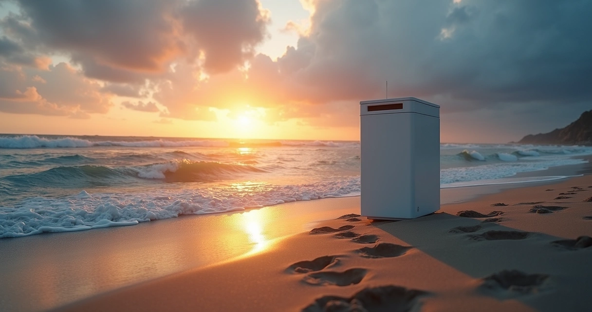 Praia dividida entre mar calmo e ondas turbulentas com urna eletrônica na areia 