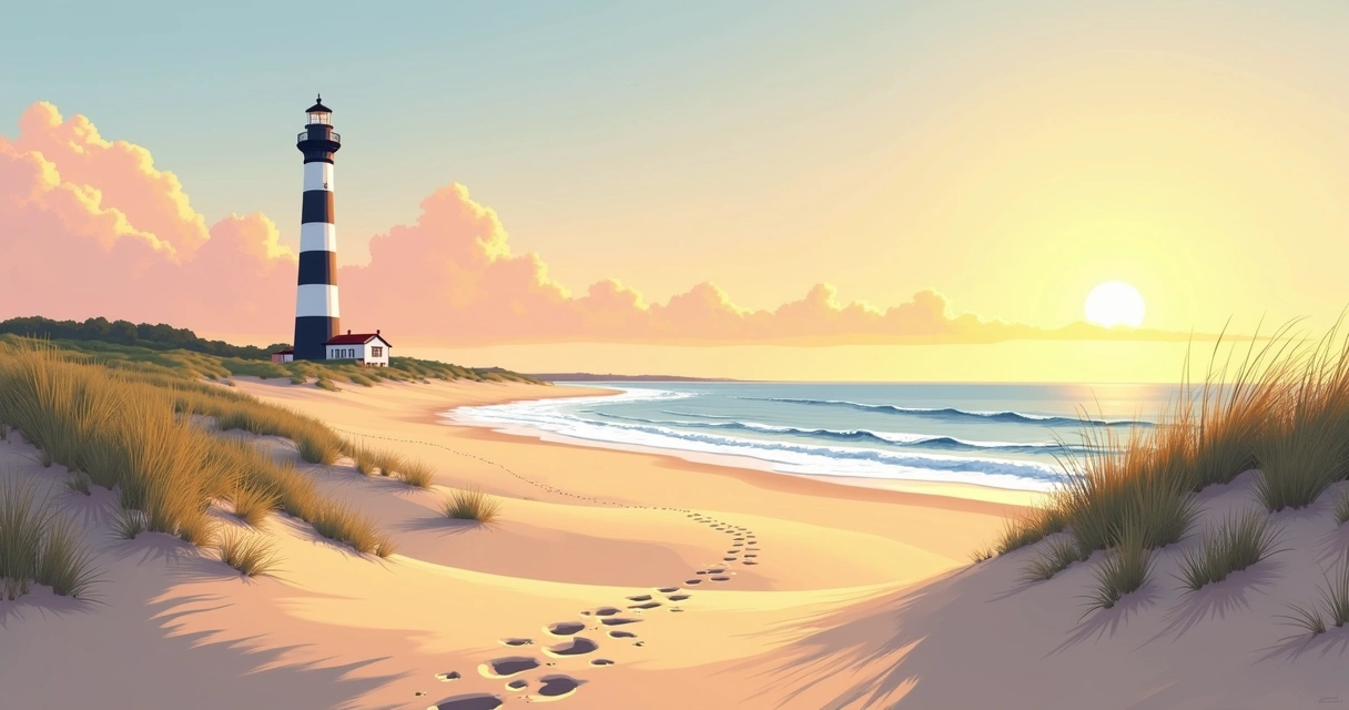 Praia das Outer Banks com dunas e farol ao entardecer 
