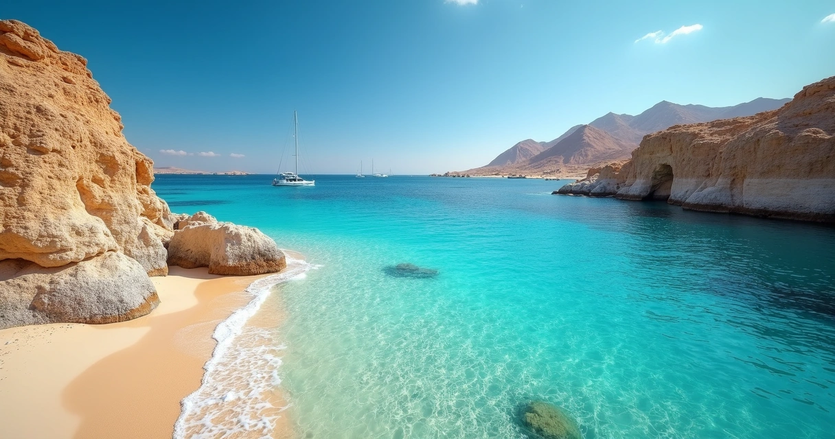 Praia paradisíaca em Sharm el-Sheikh com águas cristalinas e recifes de corais ao fundo 