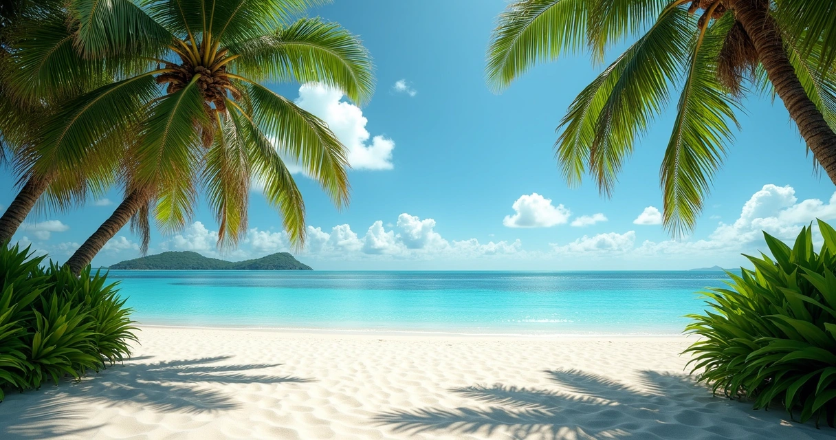 Praia paradisíaca tropical com águas azuis cristalinas e coqueiros ao redor 