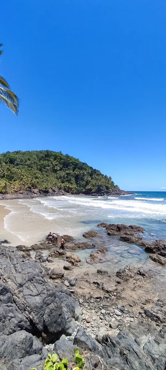 Praia com pedras no primeiro plano, mar com ondas e colina verde ao fundo sob céu azul claro