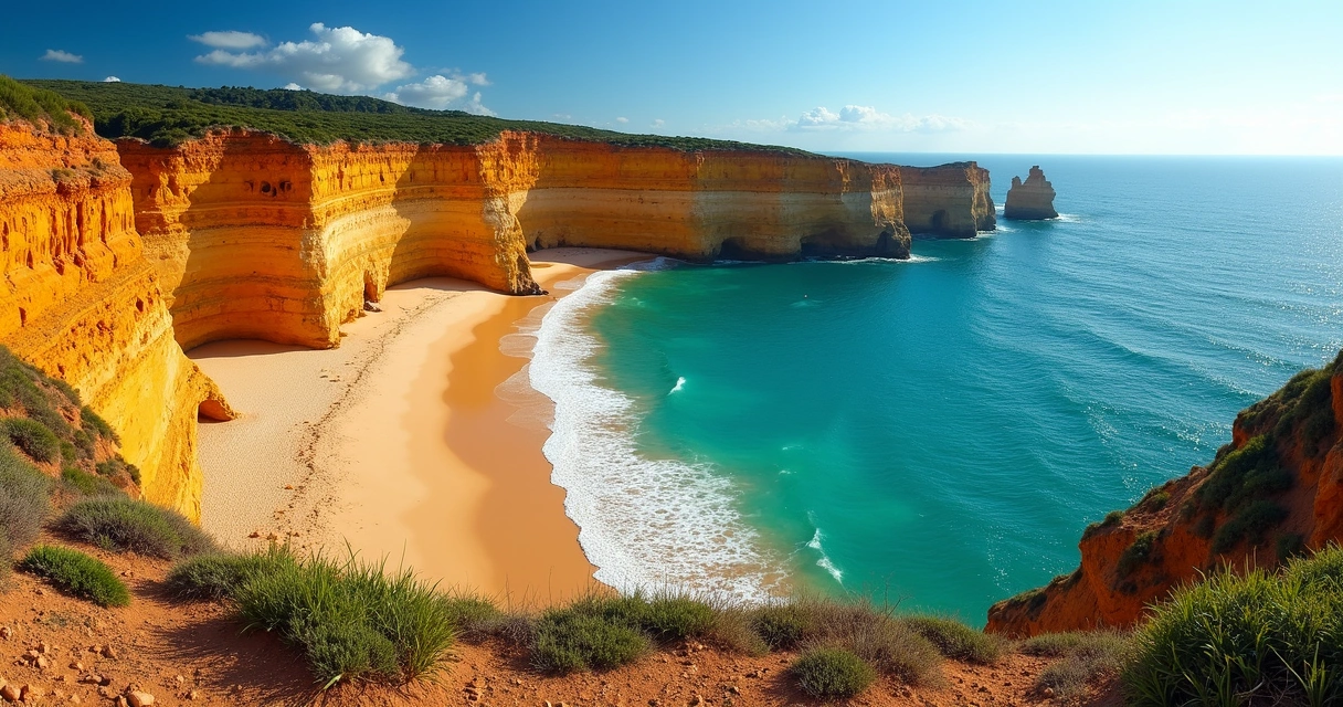 Falésias coloridas e mar verde na Praia da Pitinga 