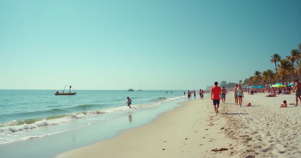 Praia movimentada da Flórida com salva-vidas atentos. 