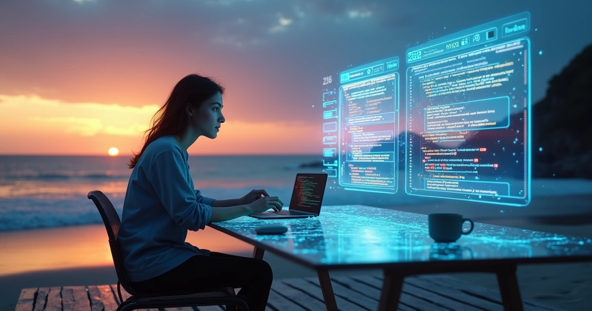 Pessoa programando com IA em mesa futurista na praia ao pôr do sol 