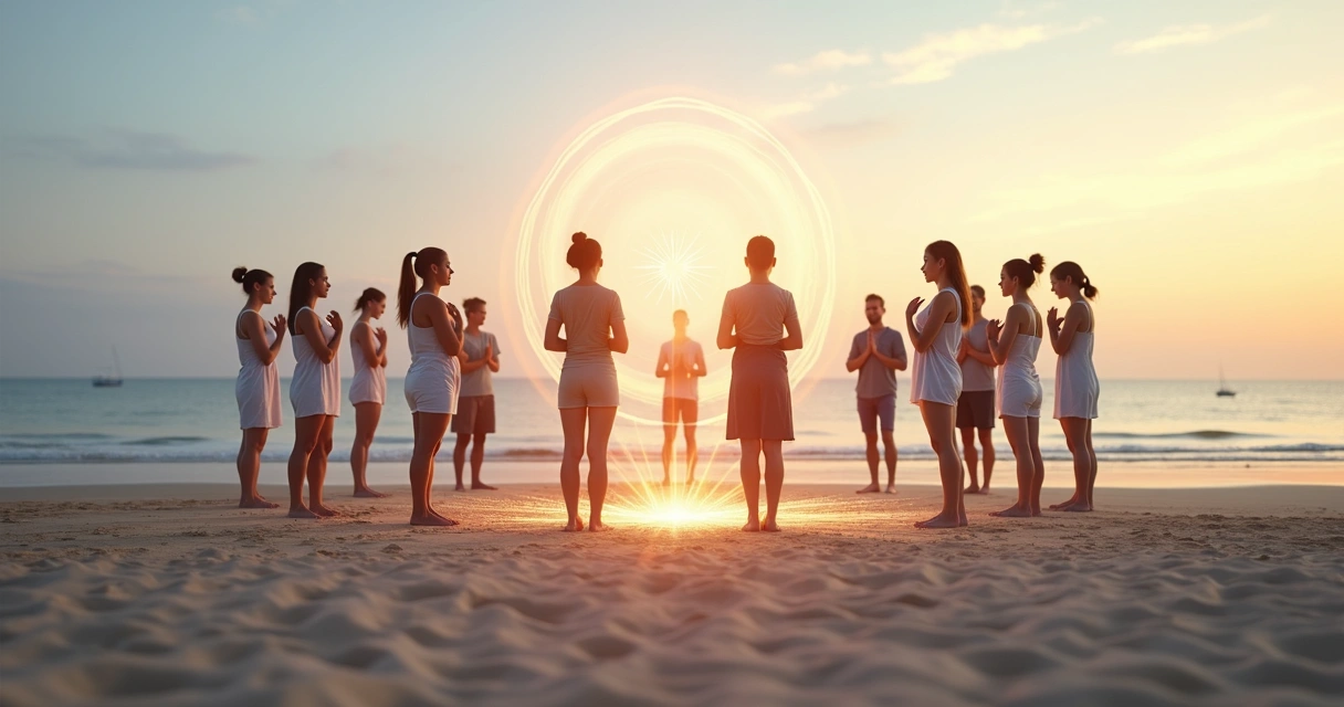 Grupo em praia ao amanhecer formando círculo de respiração consciente 