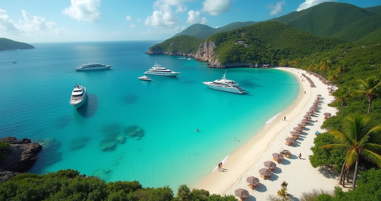 Vista da praia de St. Jean em St. Barth com areia branca e águas cristalinas