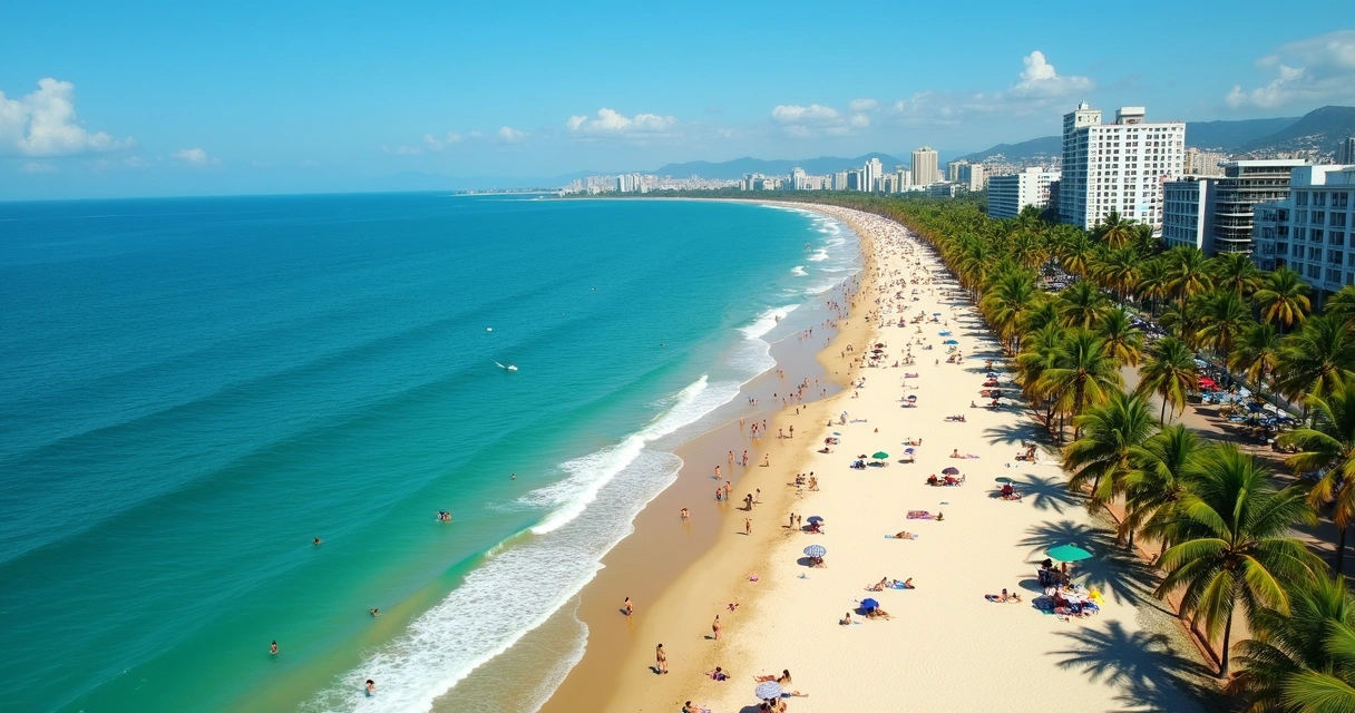 Vista aérea de praia urbana em Salvador no mês de novembro, com coqueiros, mar azul e pessoas aproveitando o dia 