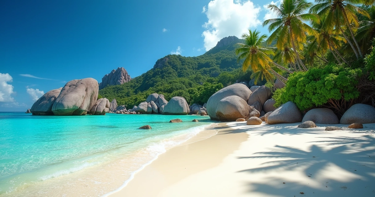 Praia com águas claras e palmeiras nas Seychelles 