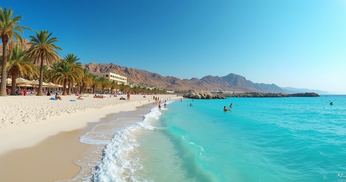 Vista panorâmica de praia com mar azul e resorts em Sharm el-Sheikh 