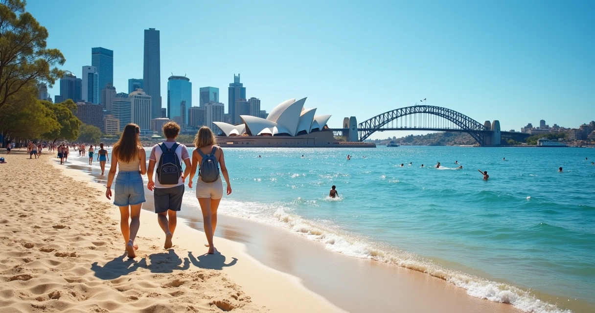 Praia com estudantes e skyline de Sydney ao fundo