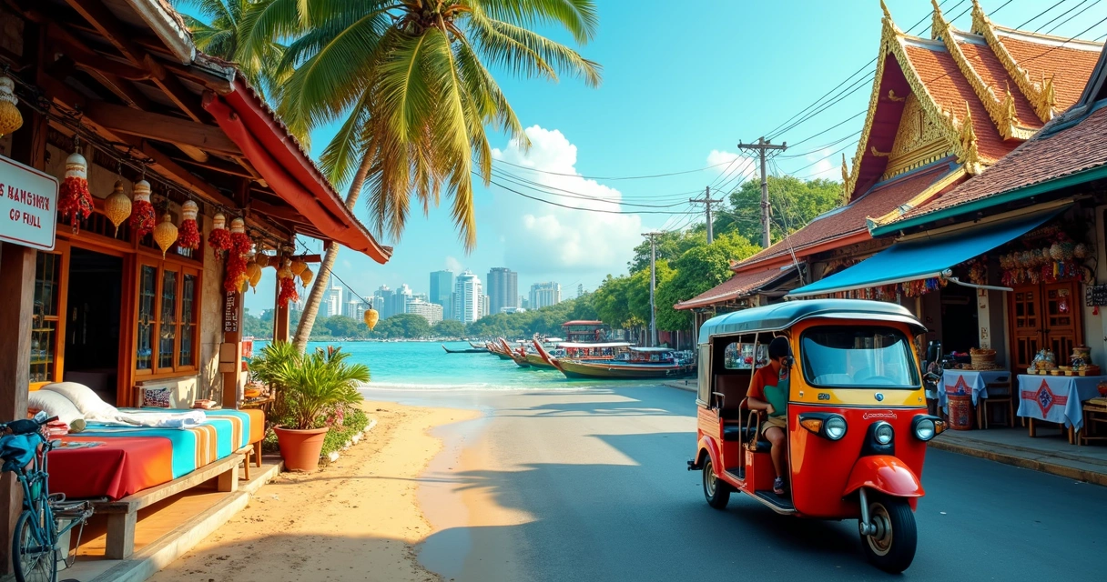 Praia tailandesa com templo ao fundo e tuk-tuk passando em rua movimentada 