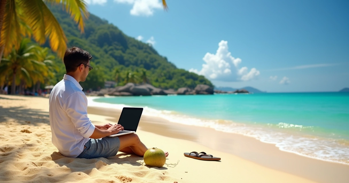 Pessoa usando notebook sentado em praia tailandesa, coqueiros ao fundo