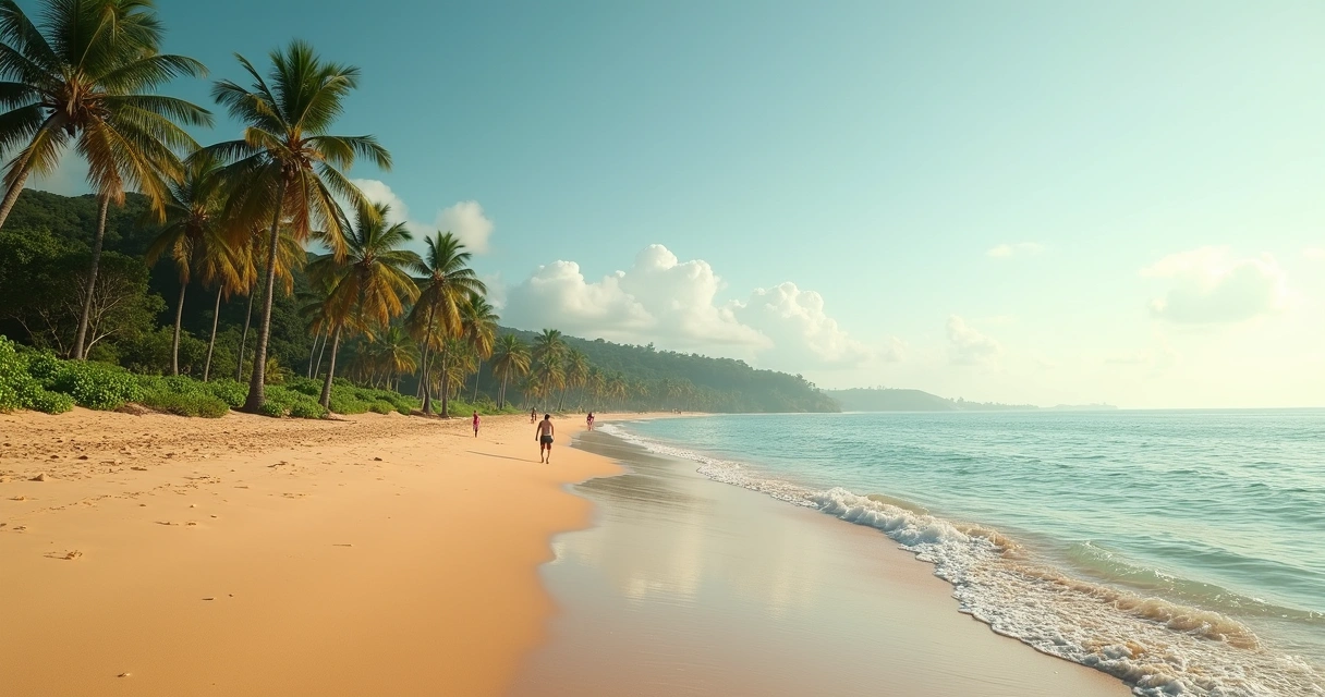 Praia tranquila de Ilhéus com poucas pessoas e coqueiros
