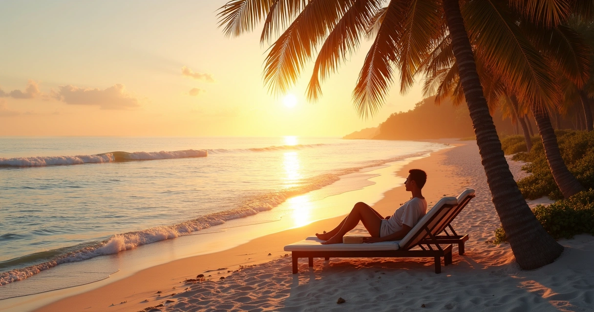 Duas pessoas relaxando em espreguiçadeiras à beira-mar em praia tranquila