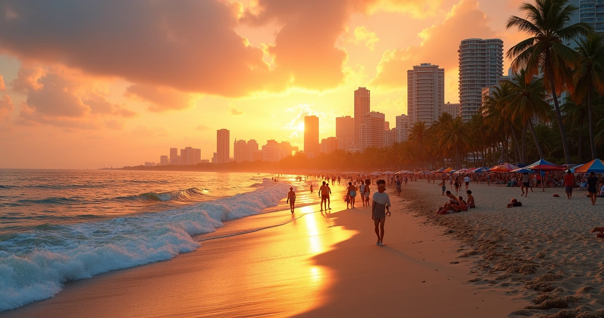 Praia urbana em Natal ao entardecer 