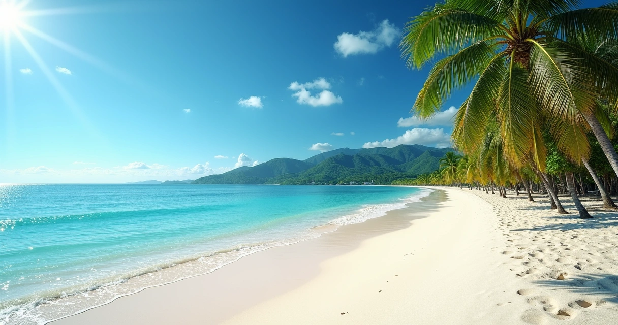 Praia tropical com areia branca, mar azul cristalino e coqueiros sob céu azul claro 