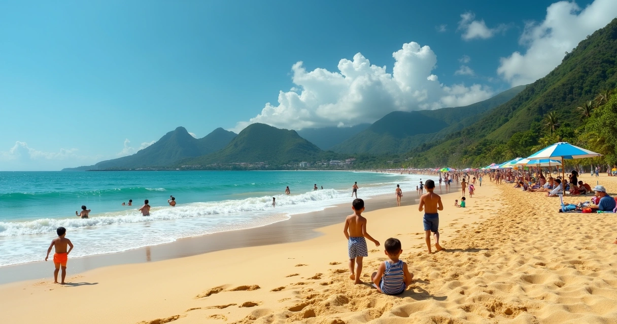 Crianças brincando na areia, mar azul e céu ensolarado 