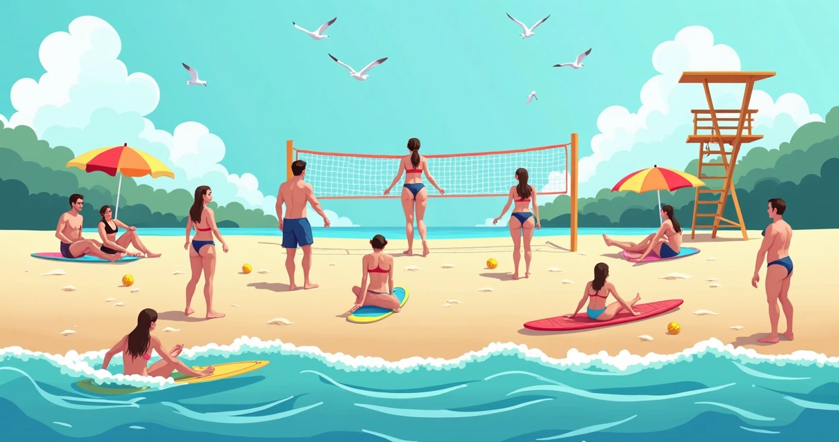 Praia movimentada com jovens praticando esportes e relaxando 