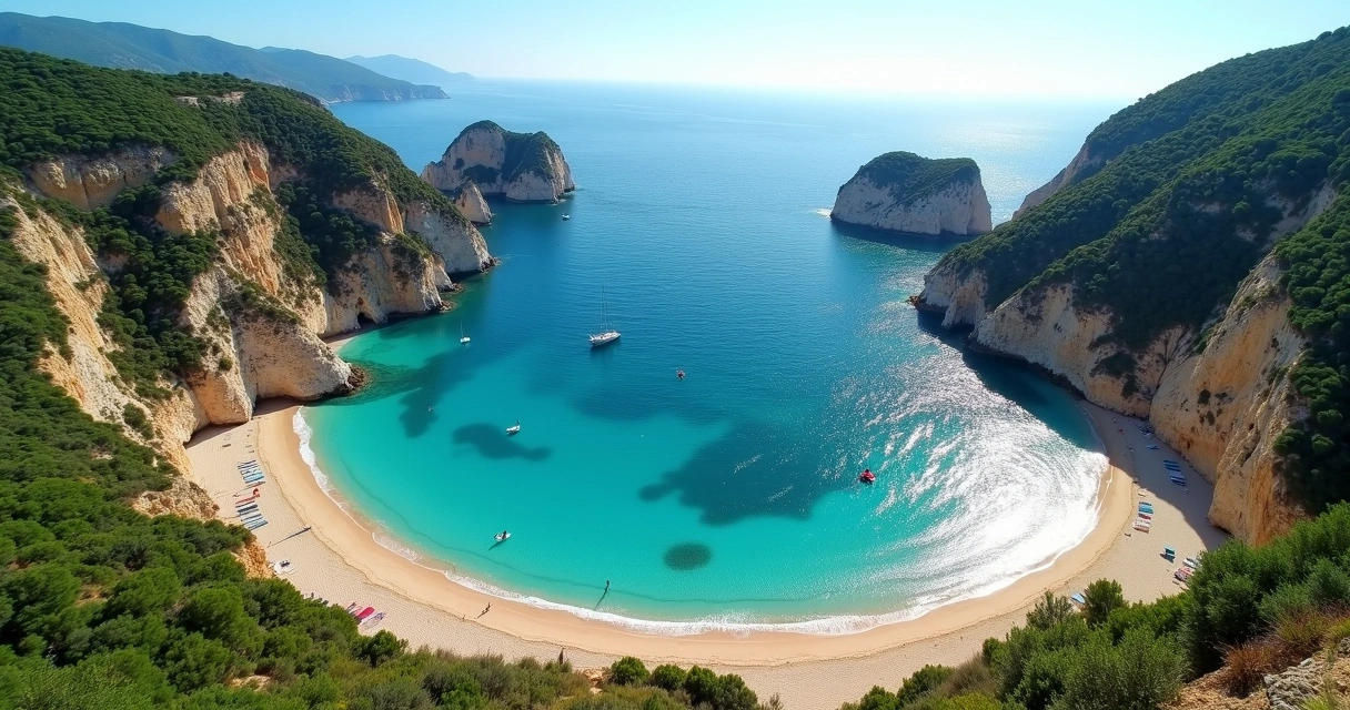 Praia de águas azuis na Serra da Arrábida vista de cima 