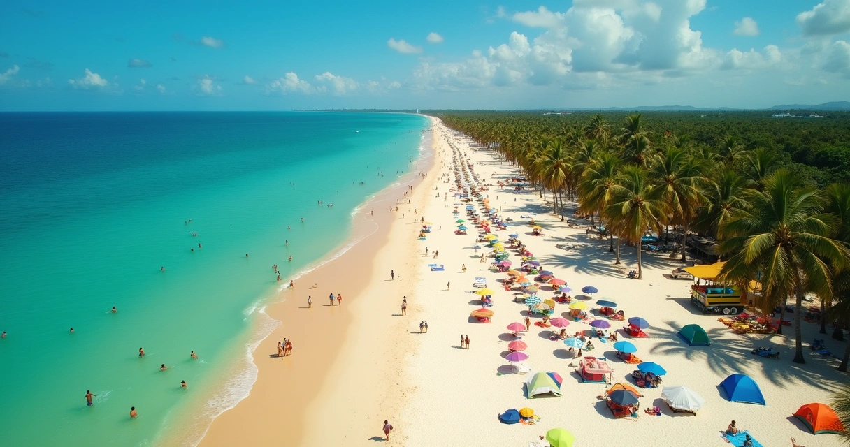 Vista aérea de praia com mar azul e barracas coloridas na Bahia 